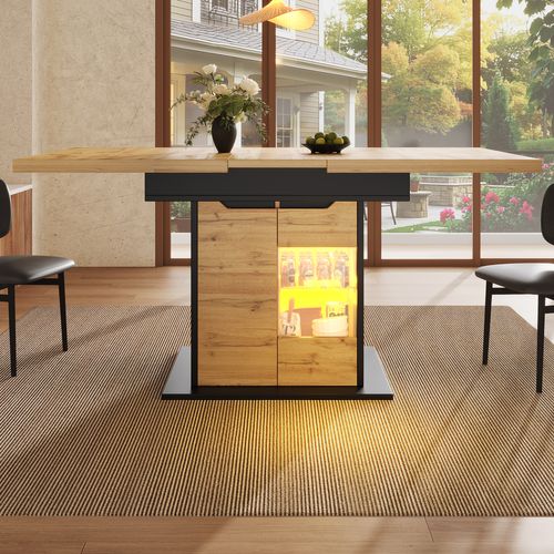 Table à Manger Extensible 140x80x76, Rectangulaire, 2 Portes, 1 Tiroir, LED, Mdf+verre, Noir+bois