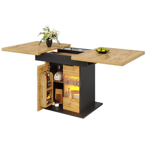 Table à Manger Extensible 140x80x76, Rectangulaire, 2 Portes, 1 Tiroir, LED, Mdf+verre, Noir+bois