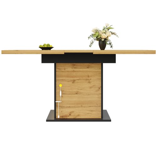 Table à Manger Extensible 140x80x76, Rectangulaire, 2 Portes, 1 Tiroir, LED, Mdf+verre, Noir+bois