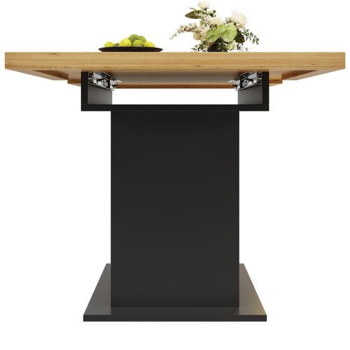 Table à Manger Extensible 140x80x76, Rectangulaire, 2 Portes, 1 Tiroir, LED, Mdf+verre, Noir+bois