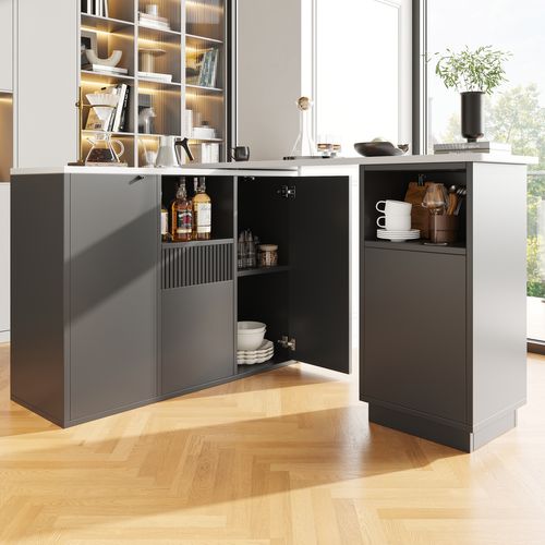 Bar 210x30x100,9cm, 4 Portes, 1 Tiroirs, Moderne, Motif Marbre, Pivotante, Mdf, Noir+blanc