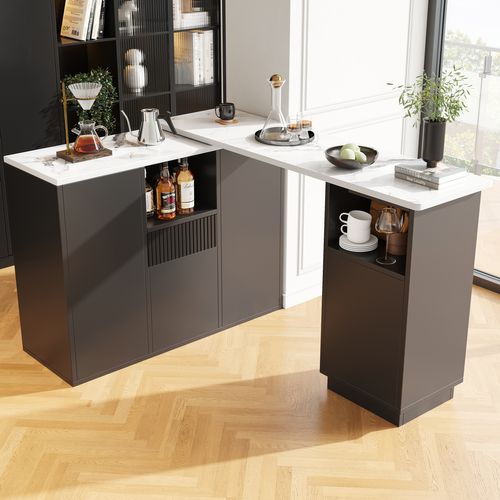 Bar 210x30x100,9cm, 4 Portes, 1 Tiroirs, Moderne, Motif Marbre, Pivotante, Mdf, Noir+blanc