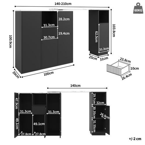 Bar 210x30x100,9cm, 4 Portes, 1 Tiroirs, Moderne, Motif Marbre, Pivotante, Mdf, Noir+blanc