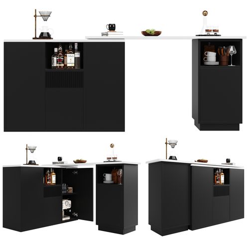Bar 210x30x100,9cm, 4 Portes, 1 Tiroirs, Moderne, Motif Marbre, Pivotante, Mdf, Noir+blanc