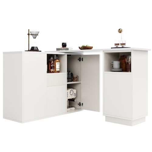 Bar 210x30x100,9cm, 4 Portes, 1 Tiroirs, Moderne, Motif Marbre, Pivotante, Mdf, Blanc