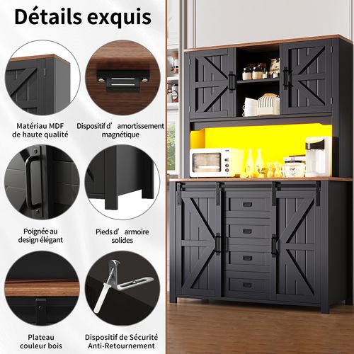Buffet De Cuisine 115x24x174,7cm, Rangement, 4 Portes, 2 Tiroirs, LED, Mdf+métal, Noir+bois