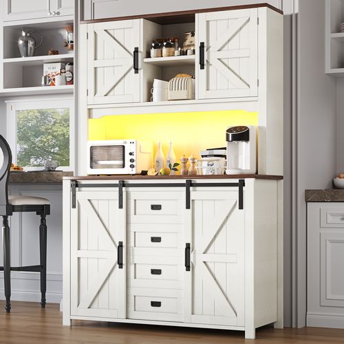 Buffet De Cuisine 115x24x174,7cm, Rangement, 4 Portes, 2 Tiroirs, LED, Mdf+métal, Blanc+bois