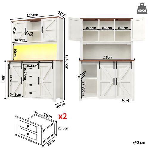 Buffet De Cuisine 115x24x174,7cm, Rangement, 4 Portes, 2 Tiroirs, LED, Mdf+métal, Blanc+bois