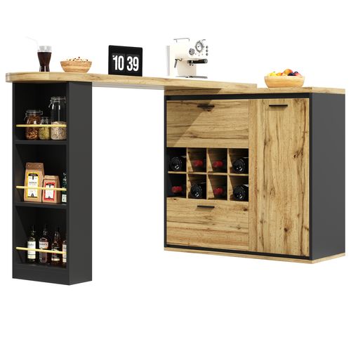 Bar 138x39x105cm, 2 Tiroirs, 1 Porte, Étagère à Vin, Plateau Extensible, Mdf+métal, Bois+noir
