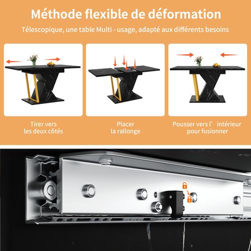 Table à Manger 140x80x76cm, Table Extensible Rectangulaire,  Motif Marbre, Mdf+métal, Noir+jaune