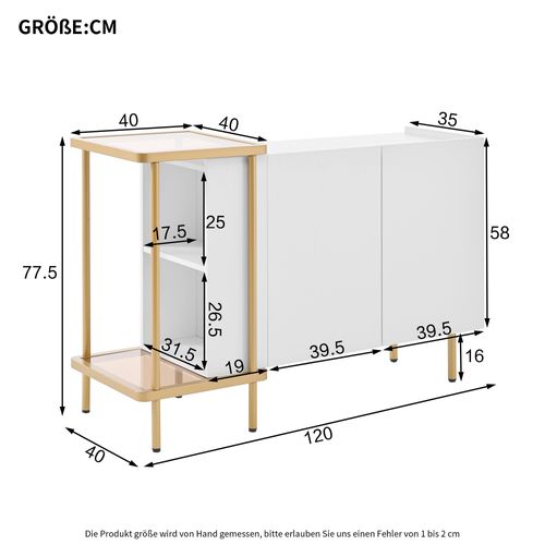 Buffet Bas 120x40x77.5cm, Armoire De Rangement, 2 Plateaux, 2 Portes, Pb, Verre Trempée, Blanc, Doré