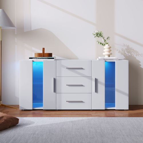 Buffet 140x35x70 Cm Avec Éclairage LED 16 Couleurs, 3 Tiroirs, 2 Portes, Mdf Blanc