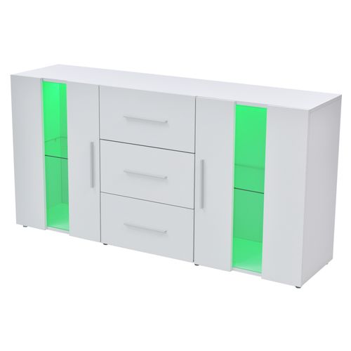 Buffet 140x35x70 Cm Avec Éclairage LED 16 Couleurs, 3 Tiroirs, 2 Portes, Mdf Blanc