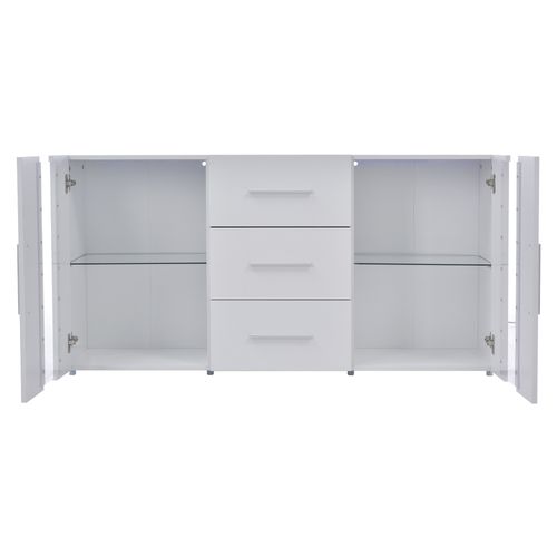 Buffet 140x35x70 Cm Avec Éclairage LED 16 Couleurs, 3 Tiroirs, 2 Portes, Mdf Blanc