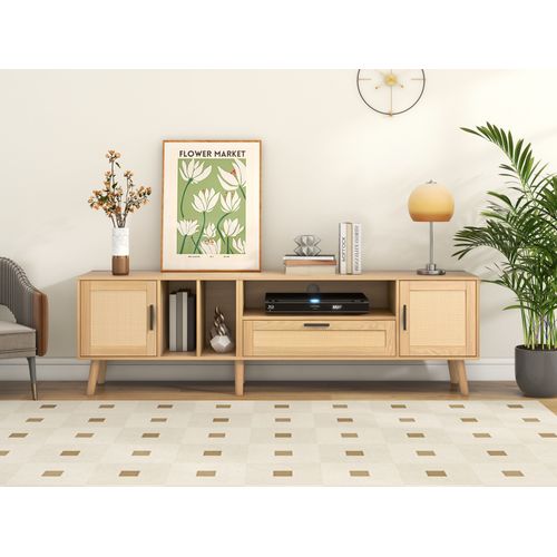 Meuble TV Bas à Poser 180x40x54 Cm Avec 2 Portes En Rotin, 1 Tiroir, Finition Effet Bois, Aggloméré