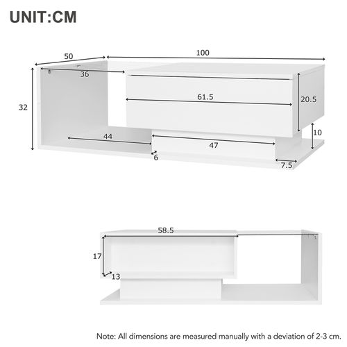 Table Basse Moderne 100x50x32 Cm Avec Plateau En Verre, Éclairage LED, 1 Tiroir, Aggloméré Blanc