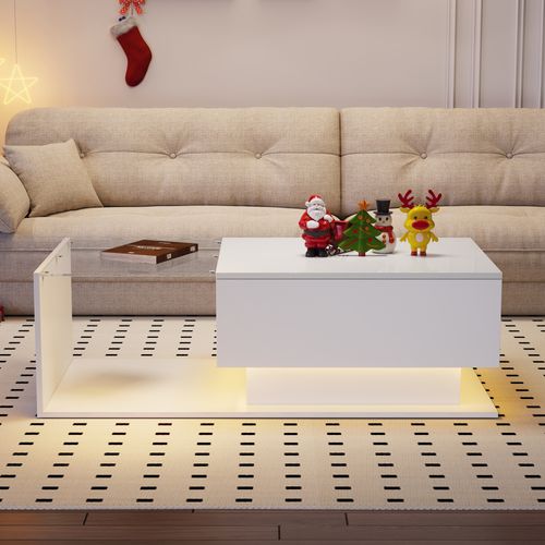 Table Basse Moderne 100x50x32 Cm Avec Plateau En Verre, Éclairage LED, 1 Tiroir, Aggloméré Blanc