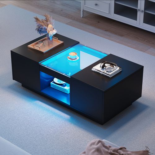 Table Basse Moderne 100x50x35,5 Cm Avec Plateau En Verre, LED, 2 Tiroirs, 1 Étagère Ouverte, Noir
