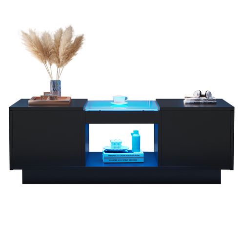 Table Basse Moderne 100x50x35,5 Cm Avec Plateau En Verre, LED, 2 Tiroirs, 1 Étagère Ouverte, Noir