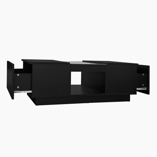 Table Basse Moderne 100x50x35,5 Cm Avec Plateau En Verre, LED, 2 Tiroirs, 1 Étagère Ouverte, Noir