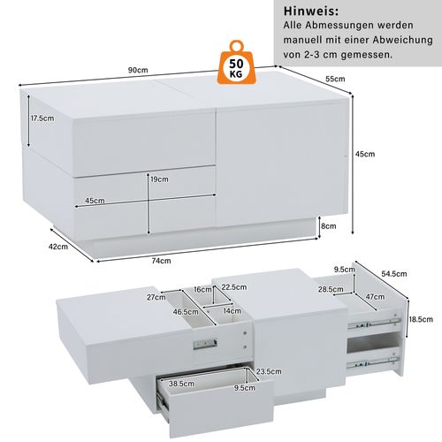 Table Basse Minimaliste 90x55x45 Cm, Plateau Coulissant, 4 Tiroirs, Blanc