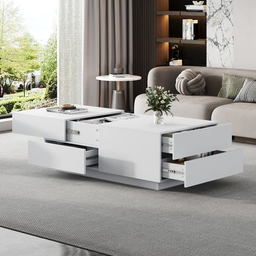 Table Basse Minimaliste 90x55x45 Cm, Plateau Coulissant, 4 Tiroirs, Blanc