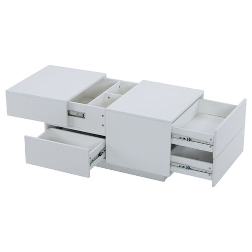 Table Basse Minimaliste 90x55x45 Cm, Plateau Coulissant, 4 Tiroirs, Blanc