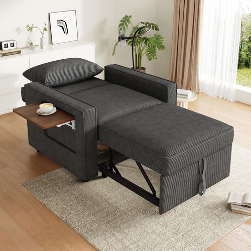 Canapé-lit 1 Place Avec Port USB Et Support Téléphone, Fauteuil Convertible En Velours Côtelé Gris