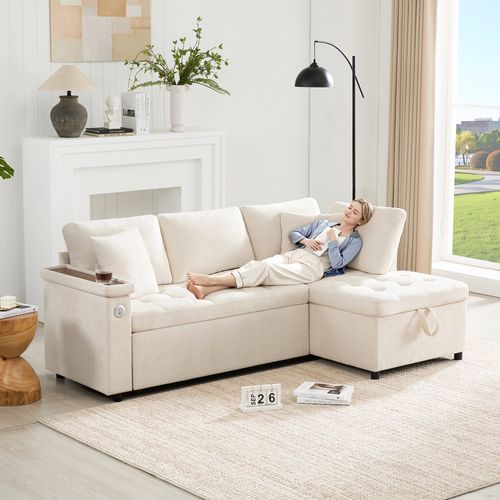 Canapé D’angle Convertible Avec Coffre Et Port USB, Tissu Chenille, Beige, 2-3 Places, Beige