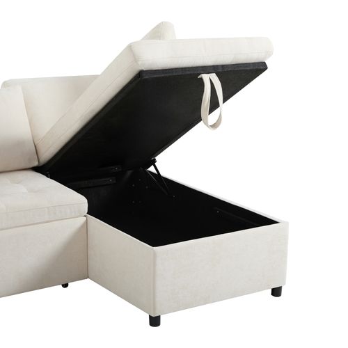 Canapé D’angle Convertible Avec Coffre Et Port USB, Tissu Chenille, Beige, 2-3 Places, Beige