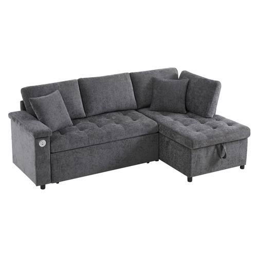 Canapé D’angle Convertible Avec Coffre Et Port USB, Tissu Chenille, Beige, 2-3 Places, Gris