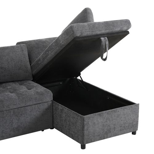 Canapé D’angle Convertible Avec Coffre Et Port USB, Tissu Chenille, Beige, 2-3 Places, Gris