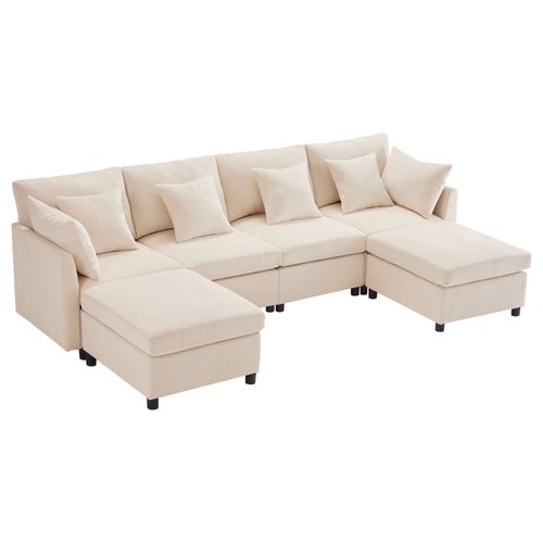 Canapé Modulaire D’angle 6 Places Avec Repose-pieds Amovible, Chenille Doux, Beige