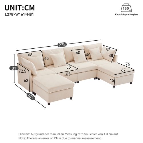 Canapé Modulaire D’angle 6 Places Avec Repose-pieds Amovible, Chenille Doux, Beige