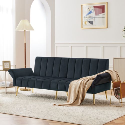 Canapé-lit Pliant 2 Places Avec Pieds De Soutien, Convertible Moderne En Velours Noir