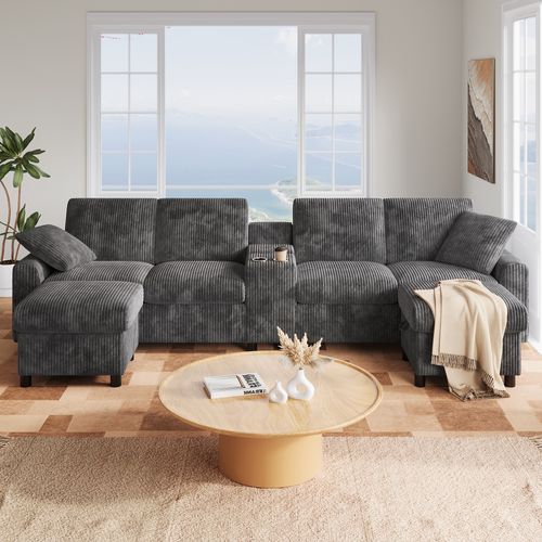 Canapé D'Angle tissu côtelé gris, table basse intégrée, 2 poufs rangement, double port USB-C