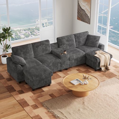 Canapé D'Angle tissu côtelé gris, table basse intégrée, 2 poufs rangement, double port USB-C