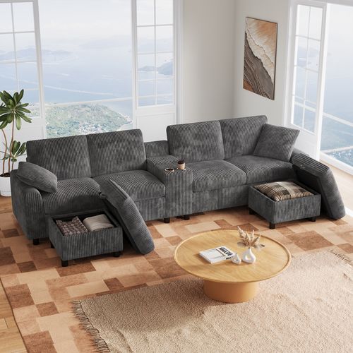 Canapé D'Angle tissu côtelé gris, table basse intégrée, 2 poufs rangement, double port USB-C