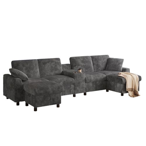 Canapé D'Angle tissu côtelé gris, table basse intégrée, 2 poufs rangement, double port USB-C