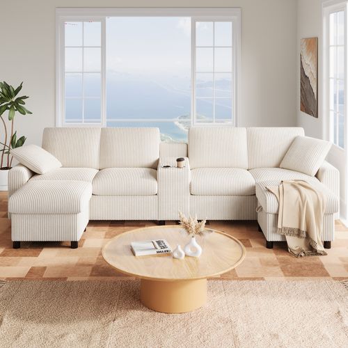 Canapé D'Angle tissu côtelé beige, table basse intégrée, 2 poufs rangement, double port USB-C