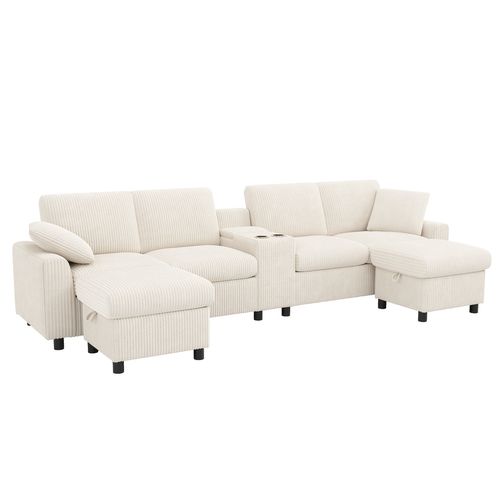 Canapé D'Angle tissu côtelé beige, table basse intégrée, 2 poufs rangement, double port USB-C