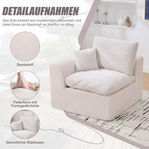 Canapé 1 Place Moderne, Housse Amovible, Coussin Inclus, Mousse Rembourrée, Velours Côtelé, Beige