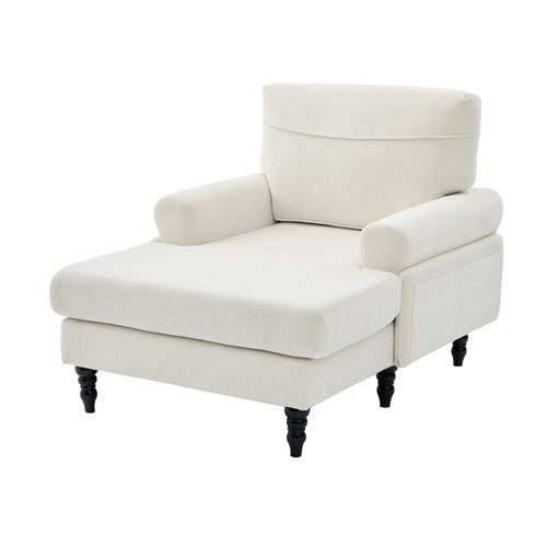 Fauteuil Fixe Moderne, Accoudoirs Rembourrés, Poche Latérale, Confortable, Pieds Bois, Beige
