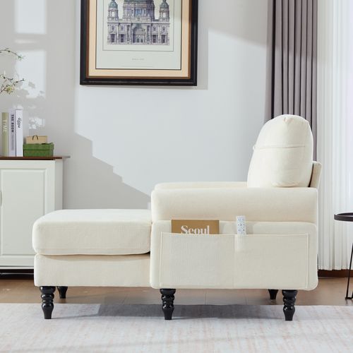 Fauteuil Fixe Moderne, Accoudoirs Rembourrés, Poche Latérale, Confortable, Pieds Bois, Beige
