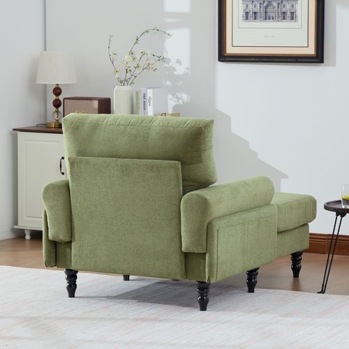 Fauteuil Fixe Moderne, Accoudoirs Rembourrés, Poche Latérale, Confortable, Pieds Bois, Vert Olive