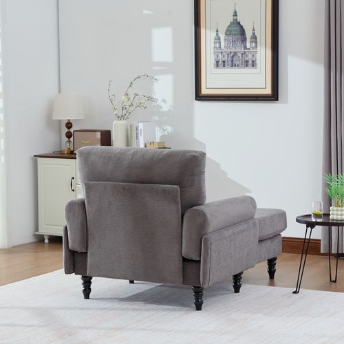 Fauteuil Fixe Moderne, Accoudoirs Rembourrés, Poche Latérale, Confortable, Pieds Bois, Gris