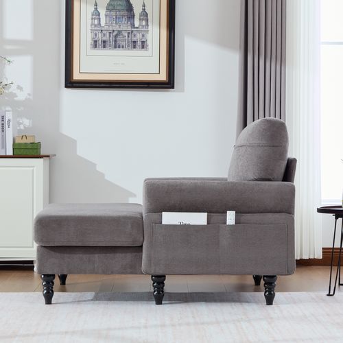 Fauteuil Fixe Moderne, Accoudoirs Rembourrés, Poche Latérale, Confortable, Pieds Bois, Gris