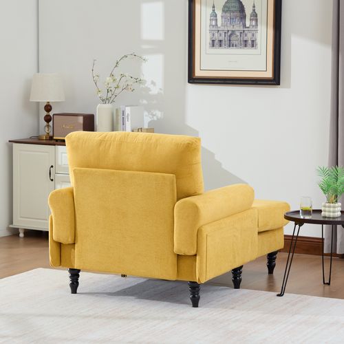 Fauteuil Fixe Moderne, Accoudoirs Rembourrés, Poche Latérale, Confortable, Pieds Bois, Moutarde