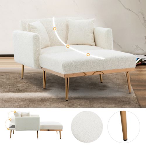 Fauteuil Relax Convertible, Dossier Réglable 105°/140°/180°, Assise Velours Et Mousse, Blanc