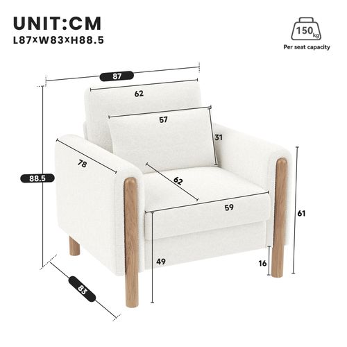 Fauteuil Moderne Avec Accoudoirs, Rembourré Confortable, Peluche Ourson Et Coton Pp, Blanc